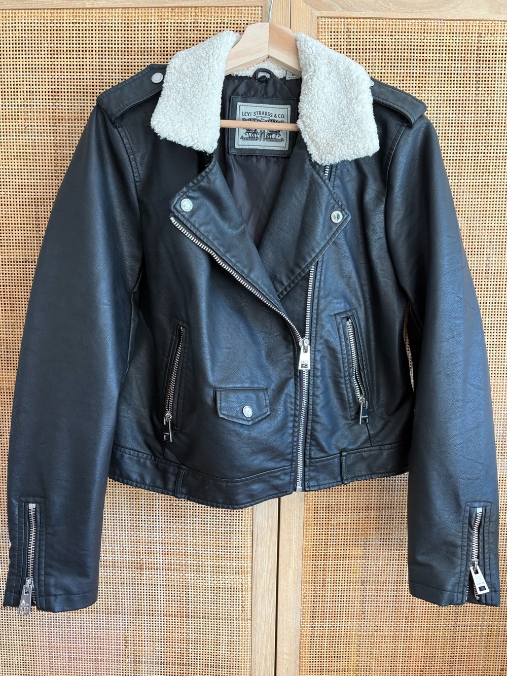 Levi's Black Faux Leather Moto Jacket with Cream Sherpa Collar